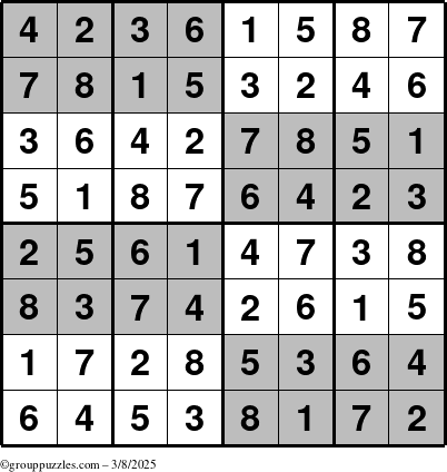 The grouppuzzles.com Answer grid for the SuperSudoku-8 puzzle for Saturday March 8, 2025