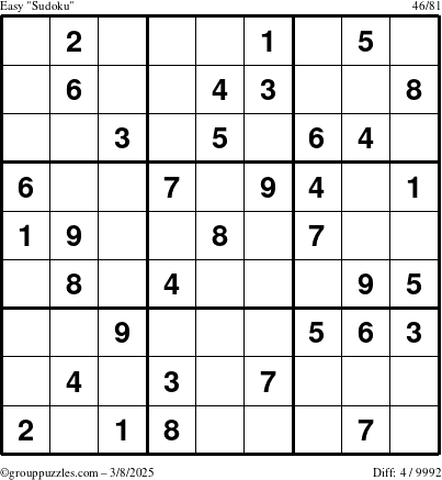 The grouppuzzles.com Easy Sudoku puzzle for Saturday March 8, 2025