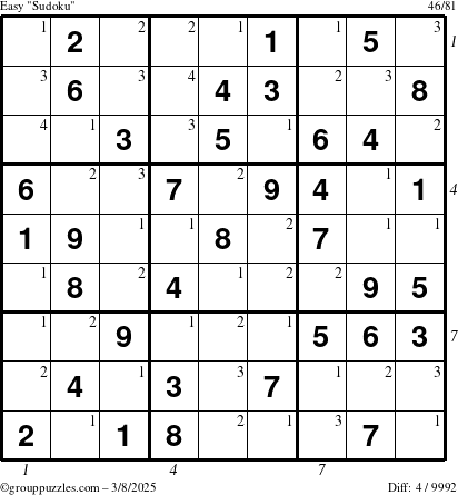 The grouppuzzles.com Easy Sudoku puzzle for Saturday March 8, 2025 with all 4 steps marked