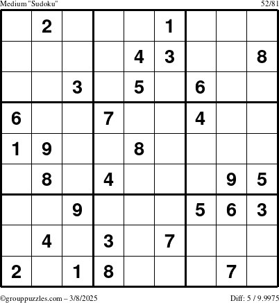 The grouppuzzles.com Medium Sudoku puzzle for Saturday March 8, 2025