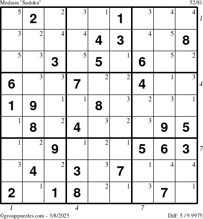 The grouppuzzles.com Medium Sudoku puzzle for Saturday March 8, 2025, suitable for printing, with all 5 steps marked