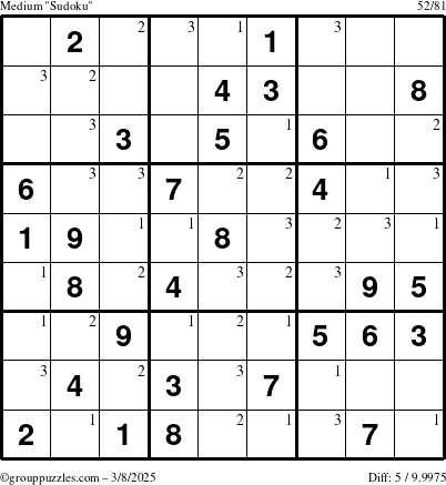 The grouppuzzles.com Medium Sudoku puzzle for Saturday March 8, 2025 with the first 3 steps marked