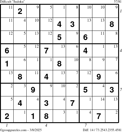 The grouppuzzles.com Difficult Sudoku puzzle for Saturday March 8, 2025 with all 14 steps marked