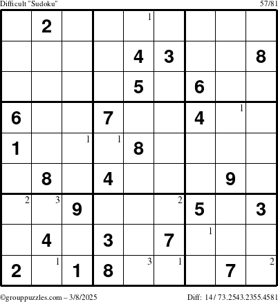 The grouppuzzles.com Difficult Sudoku puzzle for Saturday March 8, 2025 with the first 3 steps marked