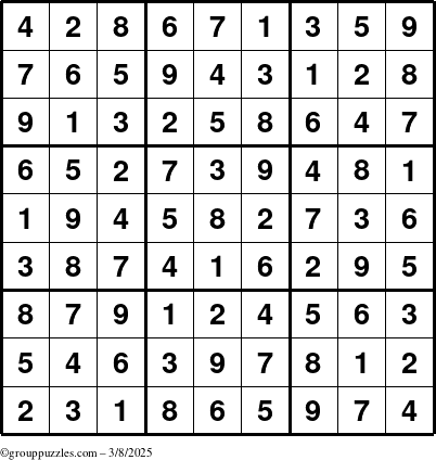 The grouppuzzles.com Answer grid for the Sudoku puzzle for Saturday March 8, 2025