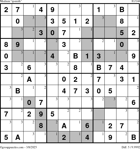 The grouppuzzles.com Medium tpsmith puzzle for Saturday March 8, 2025 with the first 3 steps marked