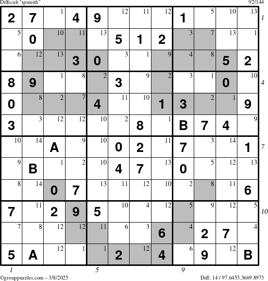 The grouppuzzles.com Difficult tpsmith puzzle for Saturday March 8, 2025 with all 14 steps marked