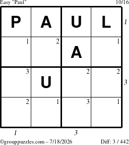 The grouppuzzles.com Easy Paul puzzle for Saturday July 18, 2026, suitable for printing, with all 3 steps marked