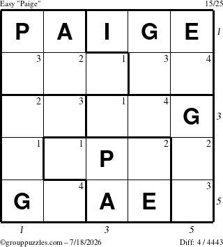The grouppuzzles.com Easy Paige puzzle for Saturday July 18, 2026 with all 4 steps marked