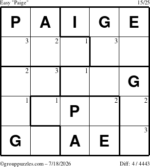 The grouppuzzles.com Easy Paige puzzle for Saturday July 18, 2026 with the first 3 steps marked