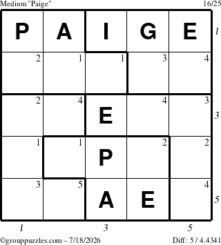 The grouppuzzles.com Medium Paige puzzle for Saturday July 18, 2026 with all 5 steps marked