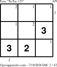 The grouppuzzles.com Easy TicTac-123 puzzle for Saturday July 18, 2026, suitable for printing, with all 2 steps marked