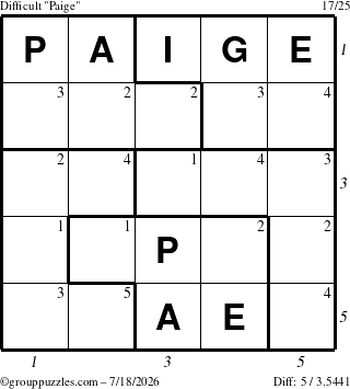 The grouppuzzles.com Difficult Paige puzzle for Saturday July 18, 2026, suitable for printing, with all 5 steps marked