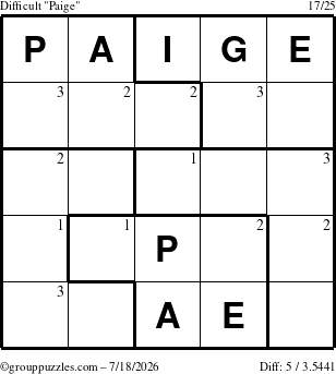The grouppuzzles.com Difficult Paige puzzle for Saturday July 18, 2026 with the first 3 steps marked