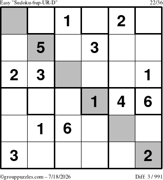 The grouppuzzles.com Easy Sudoku-6up-UR-D puzzle for Saturday July 18, 2026