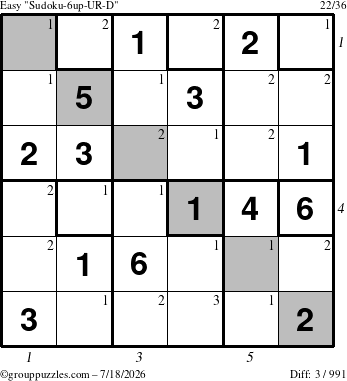 The grouppuzzles.com Easy Sudoku-6up-UR-D puzzle for Saturday July 18, 2026, suitable for printing, with all 3 steps marked