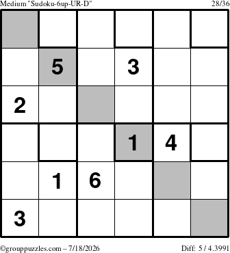 The grouppuzzles.com Medium Sudoku-6up-UR-D puzzle for Saturday July 18, 2026