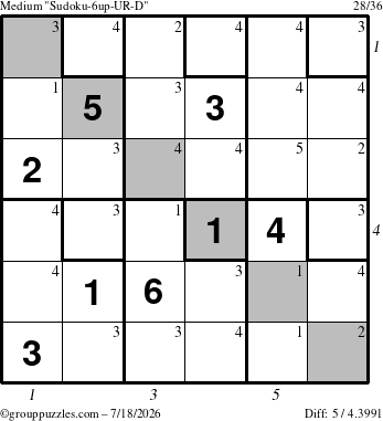 The grouppuzzles.com Medium Sudoku-6up-UR-D puzzle for Saturday July 18, 2026 with all 5 steps marked