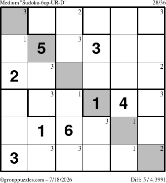 The grouppuzzles.com Medium Sudoku-6up-UR-D puzzle for Saturday July 18, 2026 with the first 3 steps marked