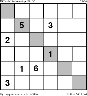 The grouppuzzles.com Difficult Sudoku-6up-UR-D puzzle for Saturday July 18, 2026