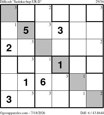 The grouppuzzles.com Difficult Sudoku-6up-UR-D puzzle for Saturday July 18, 2026 with the first 3 steps marked