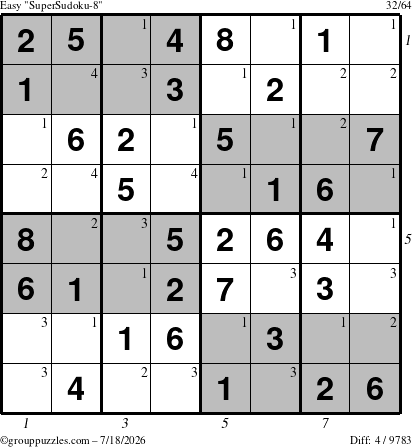The grouppuzzles.com Easy SuperSudoku-8 puzzle for Saturday July 18, 2026 with all 4 steps marked