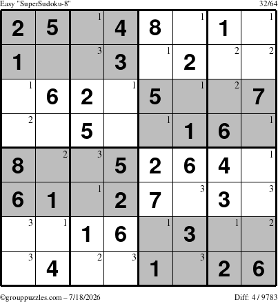 The grouppuzzles.com Easy SuperSudoku-8 puzzle for Saturday July 18, 2026 with the first 3 steps marked