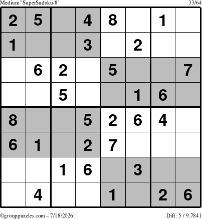 The grouppuzzles.com Medium SuperSudoku-8 puzzle for Saturday July 18, 2026