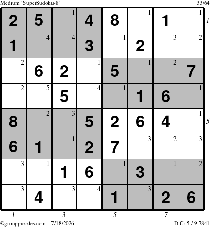 The grouppuzzles.com Medium SuperSudoku-8 puzzle for Saturday July 18, 2026, suitable for printing, with all 5 steps marked