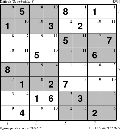 The grouppuzzles.com Difficult SuperSudoku-8 puzzle for Saturday July 18, 2026, suitable for printing, with all 11 steps marked
