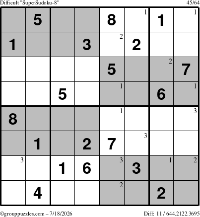 The grouppuzzles.com Difficult SuperSudoku-8 puzzle for Saturday July 18, 2026 with the first 3 steps marked
