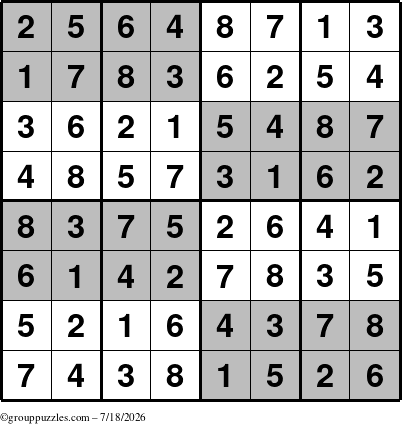 The grouppuzzles.com Answer grid for the SuperSudoku-8 puzzle for Saturday July 18, 2026