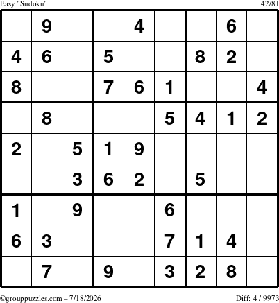 The grouppuzzles.com Easy Sudoku puzzle for Saturday July 18, 2026