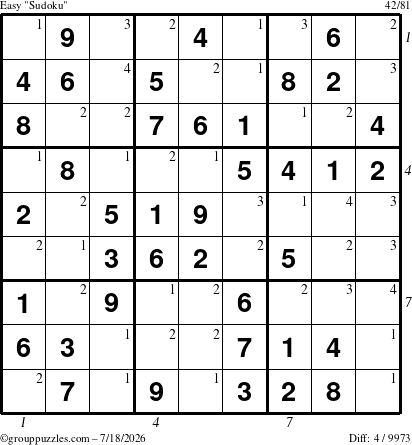 The grouppuzzles.com Easy Sudoku puzzle for Saturday July 18, 2026, suitable for printing, with all 4 steps marked