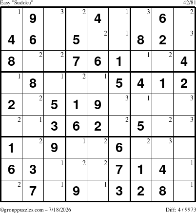 The grouppuzzles.com Easy Sudoku puzzle for Saturday July 18, 2026 with the first 3 steps marked