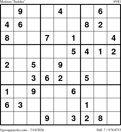 The grouppuzzles.com Medium Sudoku puzzle for Saturday July 18, 2026