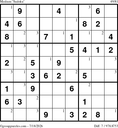 The grouppuzzles.com Medium Sudoku puzzle for Saturday July 18, 2026 with the first 3 steps marked