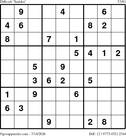The grouppuzzles.com Difficult Sudoku puzzle for Saturday July 18, 2026