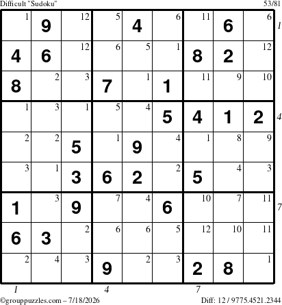 The grouppuzzles.com Difficult Sudoku puzzle for Saturday July 18, 2026, suitable for printing, with all 12 steps marked