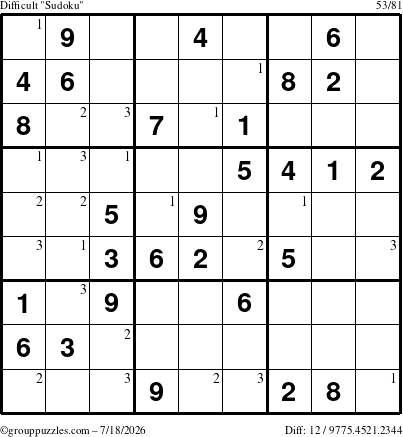 The grouppuzzles.com Difficult Sudoku puzzle for Saturday July 18, 2026 with the first 3 steps marked