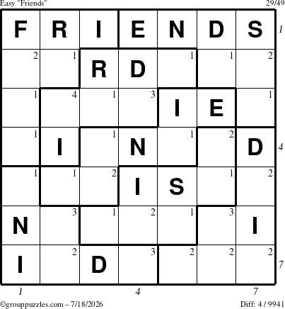 The grouppuzzles.com Easy Friends puzzle for Saturday July 18, 2026, suitable for printing, with all 4 steps marked