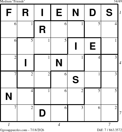 The grouppuzzles.com Medium Friends puzzle for Saturday July 18, 2026 with all 7 steps marked