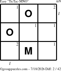 The grouppuzzles.com Easy TicTac-MNO puzzle for Saturday July 18, 2026, suitable for printing, with all 2 steps marked