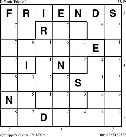 The grouppuzzles.com Difficult Friends puzzle for Saturday July 18, 2026 with all 8 steps marked