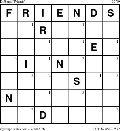 The grouppuzzles.com Difficult Friends puzzle for Saturday July 18, 2026 with the first 3 steps marked