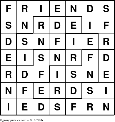 The grouppuzzles.com Answer grid for the Friends puzzle for Saturday July 18, 2026