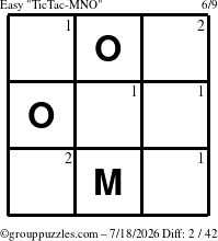 The grouppuzzles.com Easy TicTac-MNO puzzle for Saturday July 18, 2026 with the first 2 steps marked