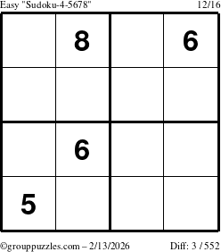 The grouppuzzles.com Easy Sudoku-4-5678 puzzle for Friday February 13, 2026