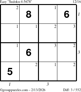 The grouppuzzles.com Easy Sudoku-4-5678 puzzle for Friday February 13, 2026 with all 3 steps marked