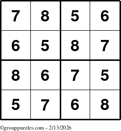 The grouppuzzles.com Answer grid for the Sudoku-4-5678 puzzle for Friday February 13, 2026